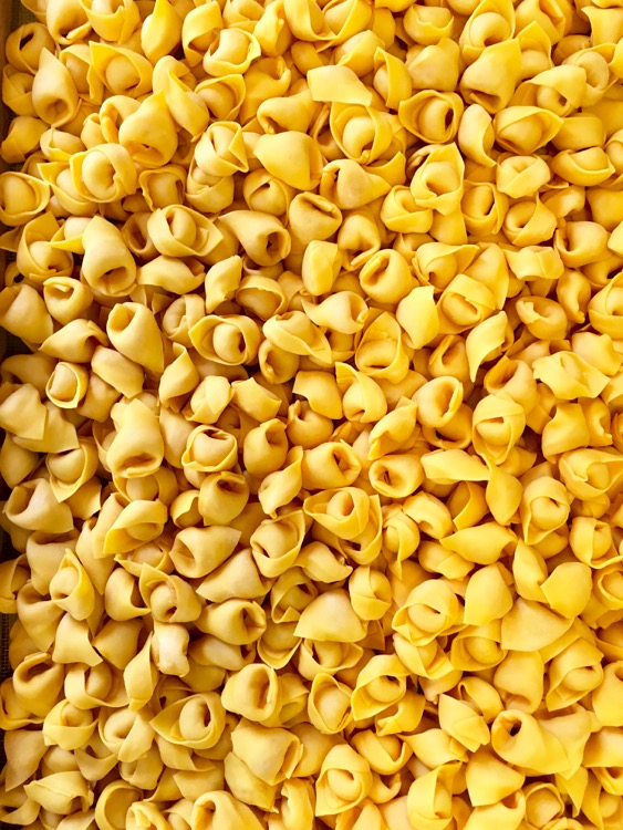 Mans estenent i tallant pasta fresca per fer tortellini